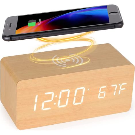 Digitaler Wecker aus Holz mit kabelloser Ladestation, 5-W-Schnellladegerät für iPhone/Samsung Galaxy, Wecker mit Sprachsteuerung und ohne Ticken, für Schlafzimmer, Zuhause und Büro (Bambus) (1/5)