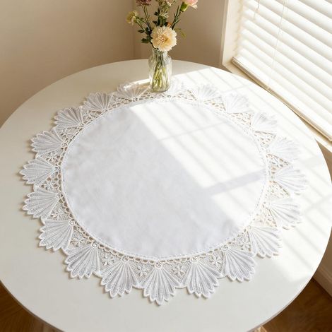 Runde Tischdecke 60cm Beige mit Blattmuster und Stickerei