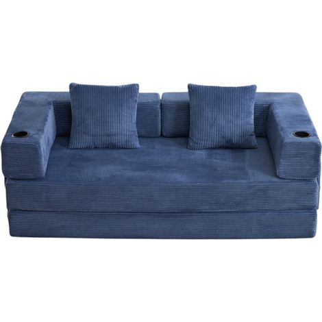 Divano letto pieghevole da pavimento in ciniglia blu scuro con portabicchieri e tasche (1/5)