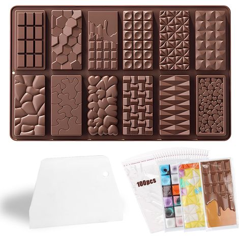 Moule à chocolat en silicone pour 12 tablettes de chocolat - Moule profond avec grattoir et sac - Moule à chocolat profond - Moule à chocolat extra profond pour chocolat, praline, bonbons (1/5)