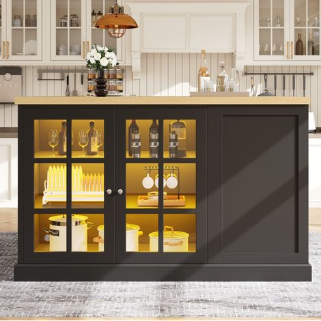 Bartisch 120x40-70x90 cm schwarz aus MDF und Glas mit klappbarer Platte, LED-Beleuchtung und Weinregal (1/5)