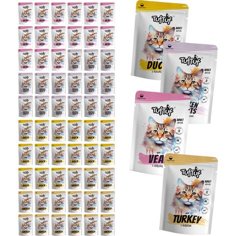 Aliment humide pour chat TufTuf, mélange de saveurs, sachets de 60 x 100 g à la viande (1/5)
