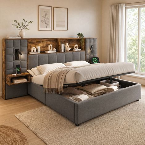 Cama tapizada con almacenaje (216x279x119 cm), con lámparas de lectura, puertos USB y Type C, lino gris (1/5)