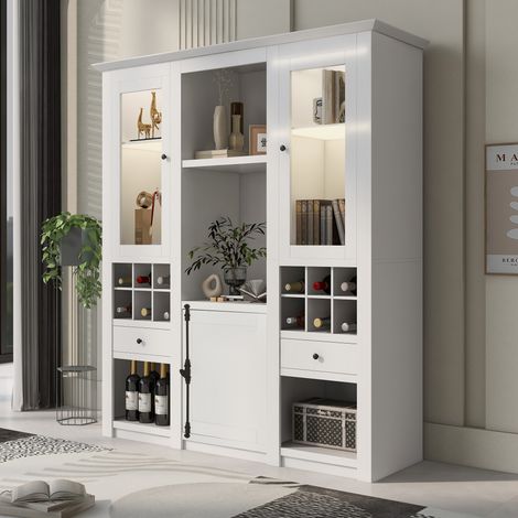Vetrina bianca con illuminazione a LED, Grande mobile contenitore, Mobile soggiorno moderno, 143x45,5x170 cm (1/5)
