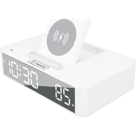 Réveil numérique 10 W avec miroir LED relevable et chargeur sans fil 10 W, idéal pour la chambre, le bureau ou la maison (EN001, blanc).