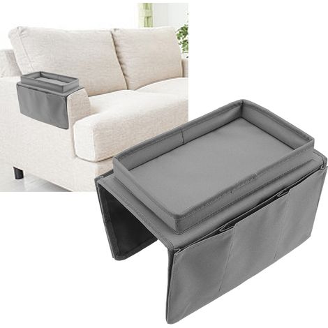 Sac de rangement suspendu pour accoudoir de canapé pouf de salon, support de rangement pliable pour divers objets, collations, téléphones portables, tasses d'eau et plateau (gris). (1/5)