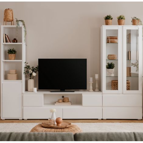 Ensemble meuble TV avec vitrine et bibliothèque blanc - MITZ (1/5)