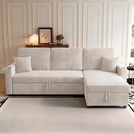 Sofá cama esquinero 207,5 x 142 x 84,5 cm de pana beige con almacenaje - MEUBLIV (1/5)