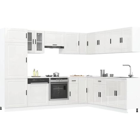 Ensemble de meubles de cuisine 14 pièces, bois d’ingénierie et verre, blanc brillant - PANGIVO (1/5)
