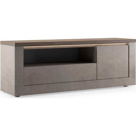 Meuble TV 1 porte aspect minéral bronze plateau bois Mercure avec LED - ISALIA BRONZE