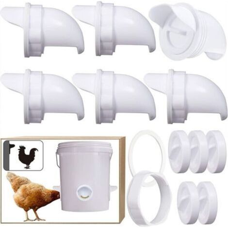 6-Piece Automatic Chicken Feeder Set, with 6 Ports and Hole Saw, Rainproof, Waste-Free Chicken Feeder. Suitable for buckets, pails, boxes, troughs, zero-waste chicken feeders.