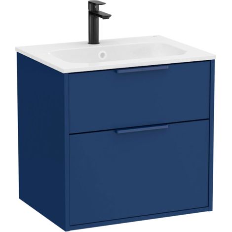 Pack meuble unik "OPTICA" 600 - 2 tiroirs + lavabo plan en Stonex - Bleu Acier Mat - Roca (1/2)
