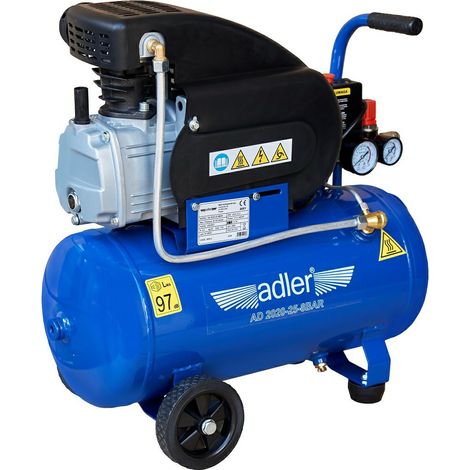 Adler Compresor 24L AD 2020-25-8BAR 230V, herramienta profesional para aire comprimido y mantenimiento industrial, diseño compacto, presión de 8 BAR, color metálico.