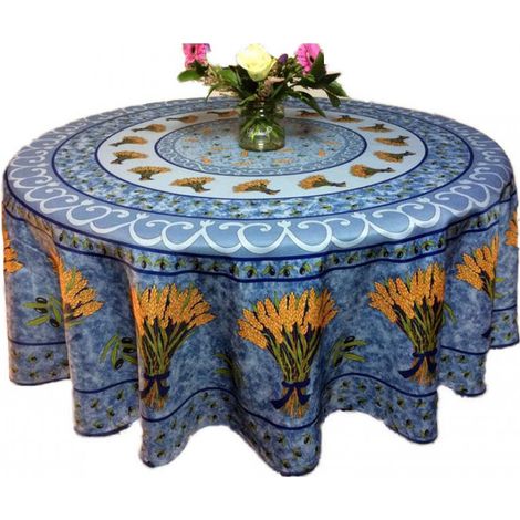 Nappe de table Tissu Ronde 180 cm motif Bouquet de blé , linge table Anti-Tâche, 100% polyester coloris bleu (1/2)