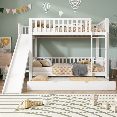 Letto a castello 90x200 cm con letto aggiuntivo 90x190 cm, sponda di sicurezza, scivolo e ripiani portaoggetti, in legno, senza materasso, bianco (1/5)