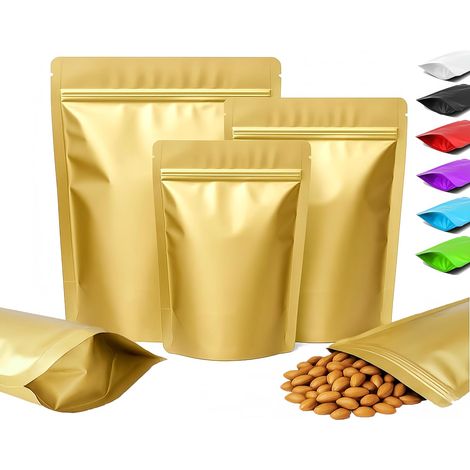 100 Sachets , Fermeture Zip Hermétique, Feuille Aluminium, Fond Plat Autoportant, Stockage Alimentaire (1/5)