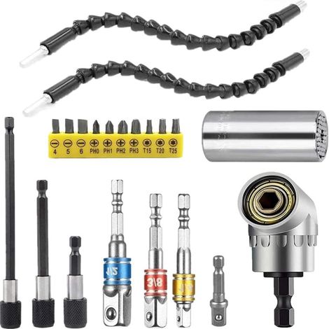 Kit de rallonge flexible pour foret – angle droit 105° – adaptateurs 1/4" 3/8" 1/2", porte-foret 3p, embouts tournevis inclus (1/5)