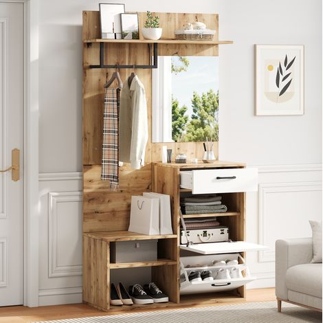 Mobile ingresso 100 x 38,5 x 190 cm con specchio, bianco e legno HAVRYA (1/5)