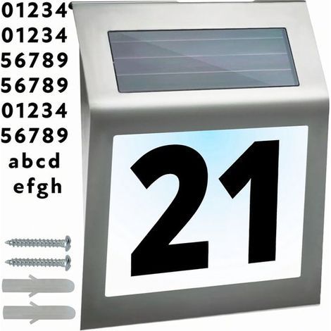 Plaque de numéro de maison en acier inoxydable à énergie solaire avec éclairage LED. numéro de maison. nom de rue. éclairage solaire - lumière blanche froide argentée (1/5)