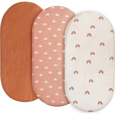 Lot de 3 draps-housses, protège-matelas, pour parc, 100 % mousseline de coton, doux, pour poussette, motif arc-en-ciel (1/5)