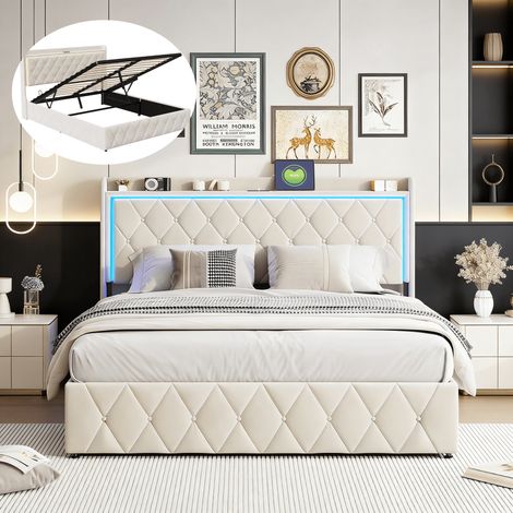 Lit 140x190 avec sommier, Lit coffre 140x190 cm en velours beige avec rangement, Tête de lit rembourrée avec LED et USB, Lit double adulte (1/5)