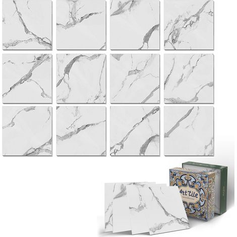 Stickers muraux effet marbre – Autocollants cuisine salle de bain PE imperméables et brillantsBlanc 15x15 cm 12 pièces Blanc (1/5)