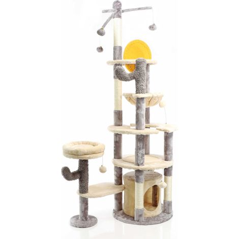 Fudajo Árbol rascador para gatos en gris claro 172cm con casa y superficies de reposo bolas sisal (1/5)