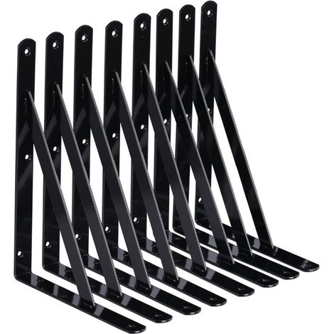 Lot de 8 consoles murales robustes pour étagères garage, dimensions 200x120 mm, épaisseur 2 mm, couleur noire avec vis incluses. (1/4)