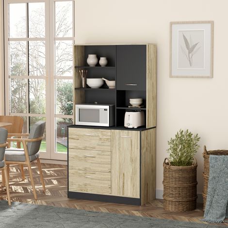 Meuble de cuisine crédence moderne gain de place avec 2 armoires, 3 tiroirs, 3 étagères, bois 90 x 39 x 169 cm couleur chêne clair (1/5)