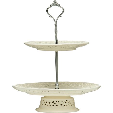 Interiors By Premier Elegant 2 Tier Ceramic Lace Cake Plate, Two Tier Design Cake Stand For Dinner, Versatile Cupcake Plate (1/4)