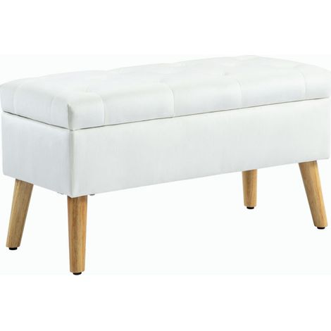 Banquette capitonnée avec espace de rangement, revêtement en tissu aspect velours, pieds en bois, pour salon, chambre, entrée, 80 x 35 x 42 cm, blanche (1/5)