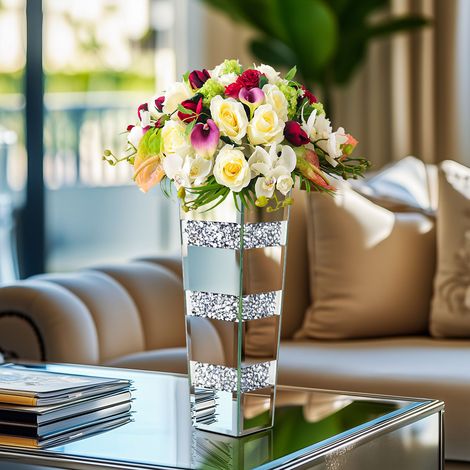 Mirrored with crushed diamond Contemporary Vase - for Table 12 inches Height