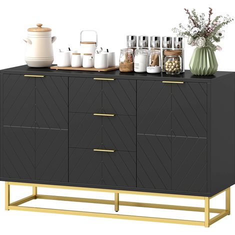 Modernes Sideboard im Grafikdesign, 2 Türen, verstellbare Einlegeböden, 3 Schubladen, schwarzes Holz und goldfarbenes Metall
