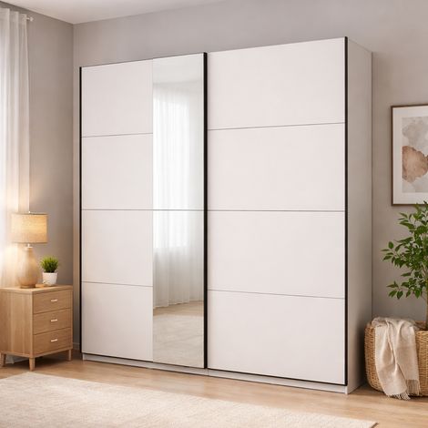 Armario Grande Porlezza, Dormitorio, Perchero, 2 Estantes, Puerta Corredera, 195x217.5h cm Blanco Mate (1/5)