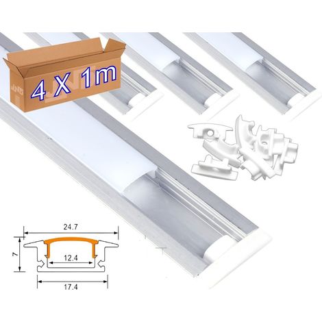 Jandei - x 4 unidades de 1 metro de Perfil aluminio para tira led empotrar tapa redondeada traslúcida 24,5x17,5mm
