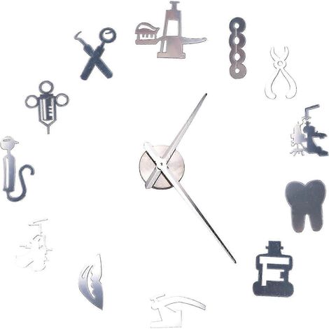Horloge murale géante à faire soi-même pour dentistes, très grande horloge avec grandes aiguilles, miroir pour la décoration de cabinet dentaire, cadeau pour dentiste, objet d'art pour médecin, argent (1/5)