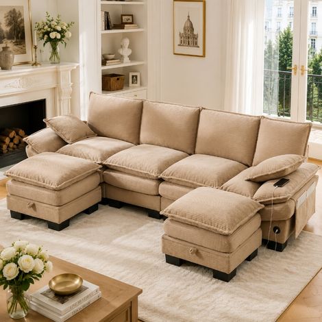 Modulares 4-Sitzer Cordsofa mit 2 Hockern und Stauraum, ergonomische Couch mit breiter Sitzfläche und USB-C, 330x132x84 cm, Khaki (1/5)