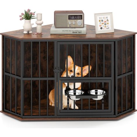 COSTWAY Gabbia per Cani 114 x 60 x 68 cm, Kennel Cane con 2 Ciotole in Acciaio Inox, Piedini Regolabili e Ante, Cuccia Multifunzionale per Animali Domestici di Piccola e Media (1/5)
