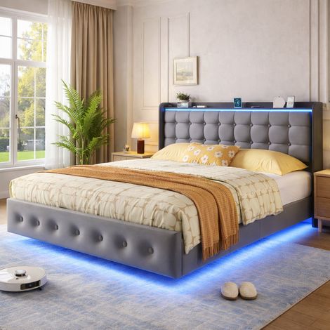 Lit 160x200 cm avec Sommier - Lit 2 Personnes avec Rangement - Lit Flottant avec LED - Prise Intégrée (USB + Tpye) - Velours - Gris (1/5)