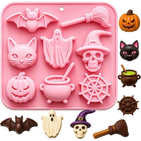 Halloween-Silikonform: Fledermaus, Besen, Katze, Geist, Totenkopf, Kürbis, Spinnennetz, Alchemieofen, Schokoladenbackform (1/5)