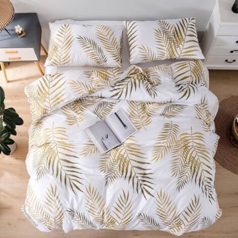 Set Housse de Couette Longueur 240Largeur 220cm Motif Feuilles Tropicales Dorées Botanique 2 Personnes et 2 x Taies d'oreiller 50x75 cm 100% Microfibre Parure de Linge de Lit avec Fermeture Éclair, Or