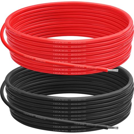 Fil de Silicone de Calibre 10, 5.3 m㎡ 10 AWG Câble électrique 10m(5m Rouge+5m Noir), Faible Impédance Douce et Flexible 0.08 mm 1050 Torons Fil de Cuivre pour Voiture RC/Drone/Projets Arduino (1/5)