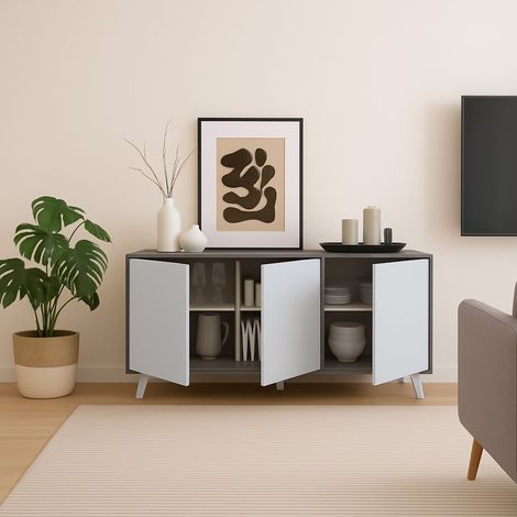 Dmora - Aparador Annina, Bufé de salón, Aparador de salón, Despensa de cocina, 154x40h72 cm, Gris claro y Blanco (1/5)