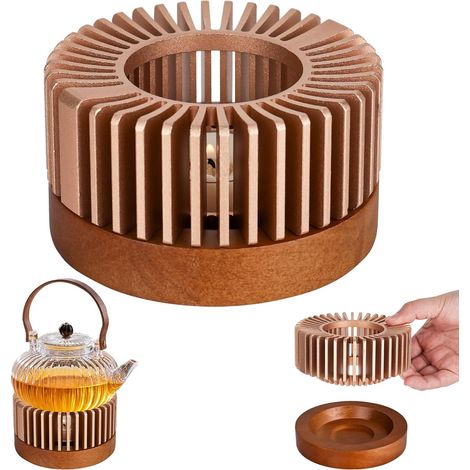 Teapot Stove with Wooden Base, Yellow Alloy Tea Stove, Cup Warmer, Insulation for Keeping Heat for Tea, Milk, Food, Coffee (without Candles) (1/5)