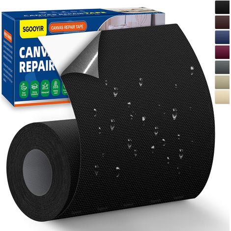 Tissu Autocollant Réparation Patch, Patch de Réparation en Tissu de Toile 10x200cm Noir Reparation Toile de Store, Imperméable Tissu Autocollant en Toile pour Tentes, Canapés, Chaises (1/5)