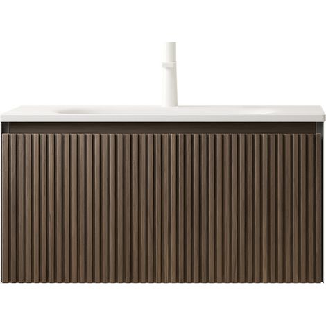 Mobile bagno sospeso 80 cm con lavabo in ceramica bianco, cassetto, rovere marrone, preassemblato (1/5)