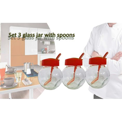 Set 3 récipients/ boite alimentaire en verre 6x8x9cm avec couvercle et cuillère  Couleur: Rouge