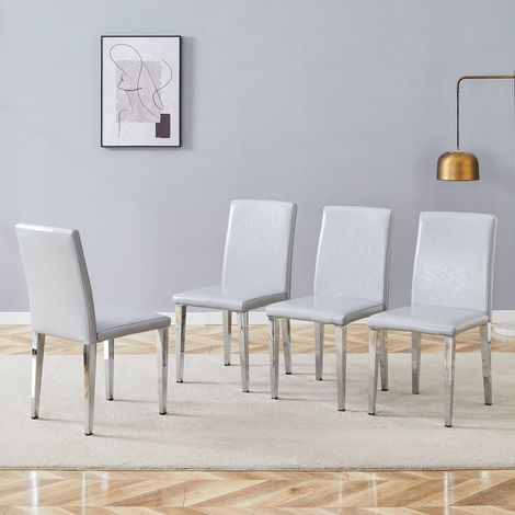 REDOM Set di 4 sedie da pranzo, schienale ergonomico, seduta imbottita, metallo e similpelle grigio chiaro argento