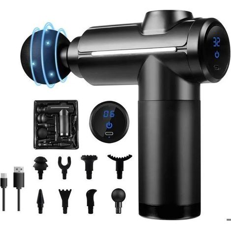 Pistolet de Massage Musculaire, 32 Vitesses, 8 Têtes de Massage, Ecran LCD, Masseurs Électriques Pour Dos épaules,Jambes,Muscles (1/5)