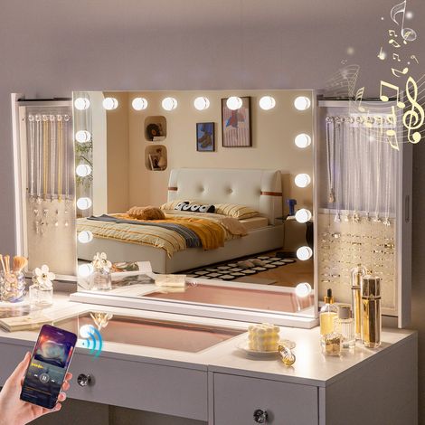 FENCHILIN Espejo de maquillaje con caja para guardar joyas,compatible con Bluetooth, espejo con iluminación LED,equipado con un espejo Hollywood con 18 bombillas,80 x 60cm,blanco